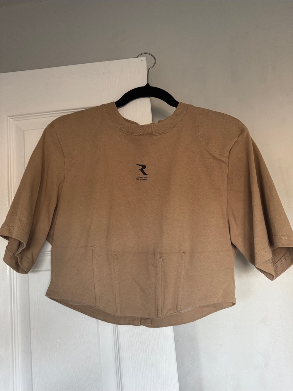 Neutral Tan Cropped T-Shirt with Front Seam Detail